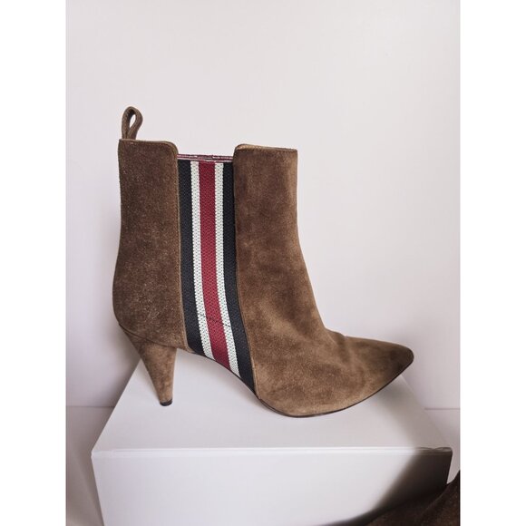 Veronica Beard Flynn Brown Suede Leather Stripe Cone Heel Boots Booties 38 7 - Picture 2 of 11